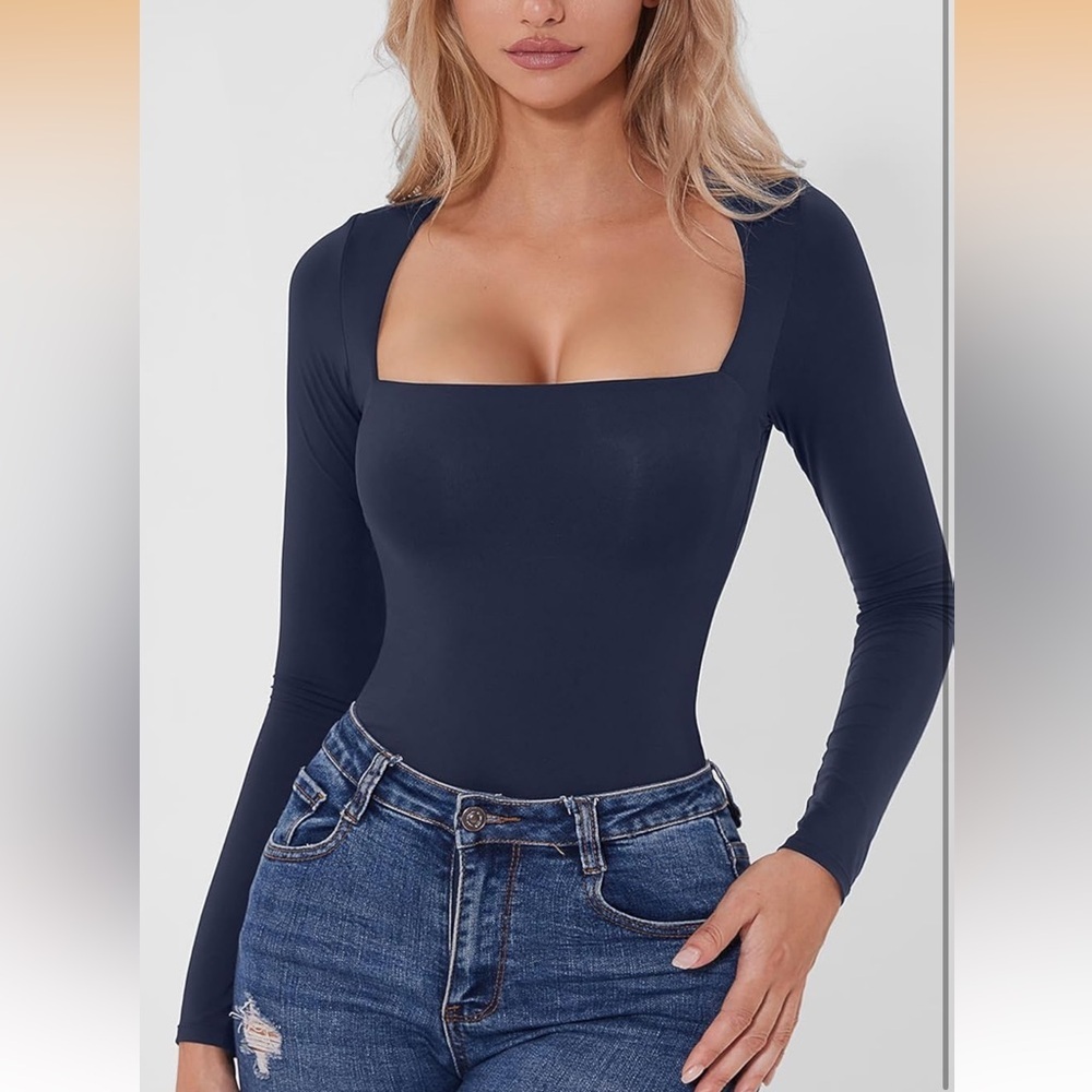 Womens Sexy Square Neck Bodysuit Long Sleeve Double Lined Shirt Tops NWT Size XS - Picture 3 of 6